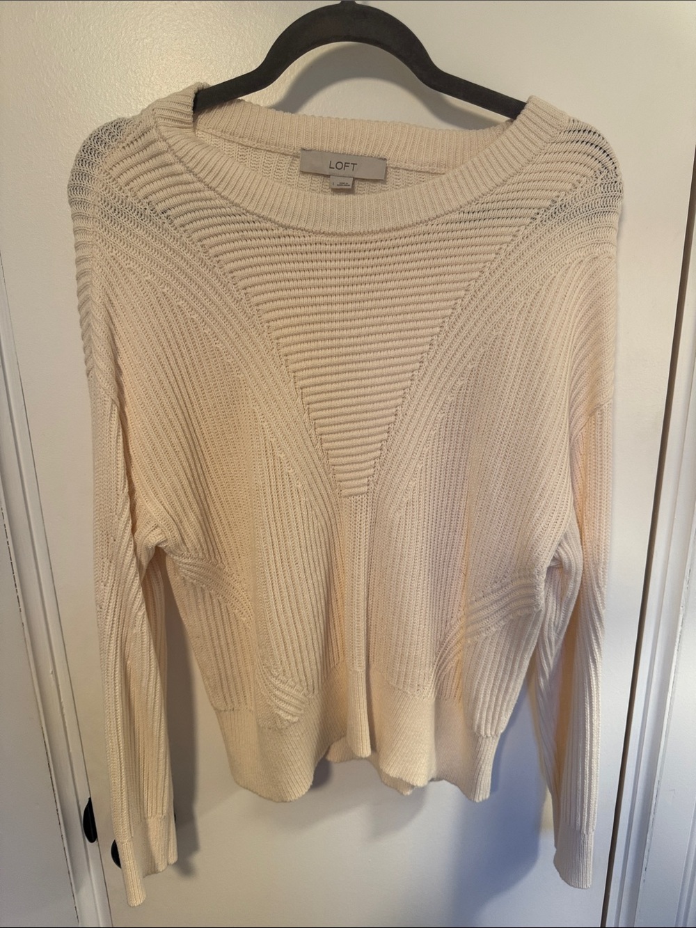 LOFT Cream Textured Rib-Panel Scoop Neck Sweater L